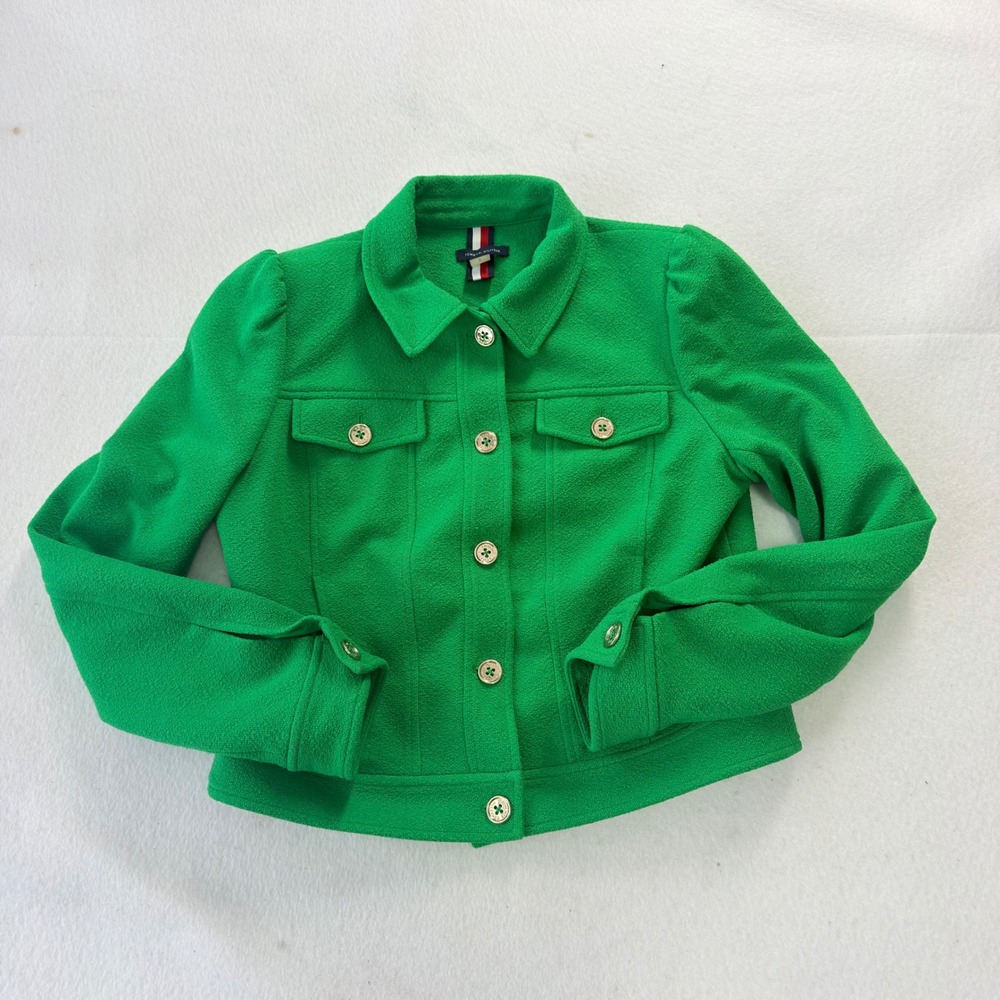 Tommy Hilfiger Women Green Textured Knit Cropped Button Front Jacket Size 8